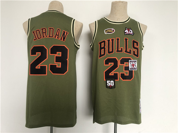 Men's Chicago Bulls #23 Michael Jordan Green Military Flight Patchs Stitched Basketball Jersey